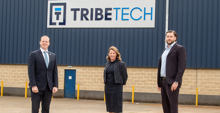 Pictured (L-R) are Gordon Lyons, Economy Minister  with Anne Beggs, Director of Trade and Investment, Invest NI and Charlie King, Managing Director, Tribe Technology